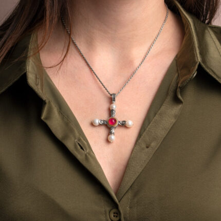 Doublet Ruby and Pearls Cross Pendant in 925 Sterling Silver and Gold Plated