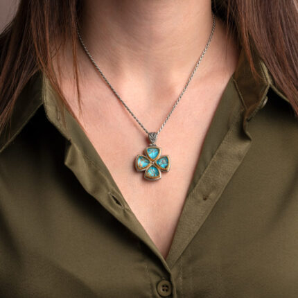 Byzantine Silver Cross Pendant with Doublet Turquoise Stones