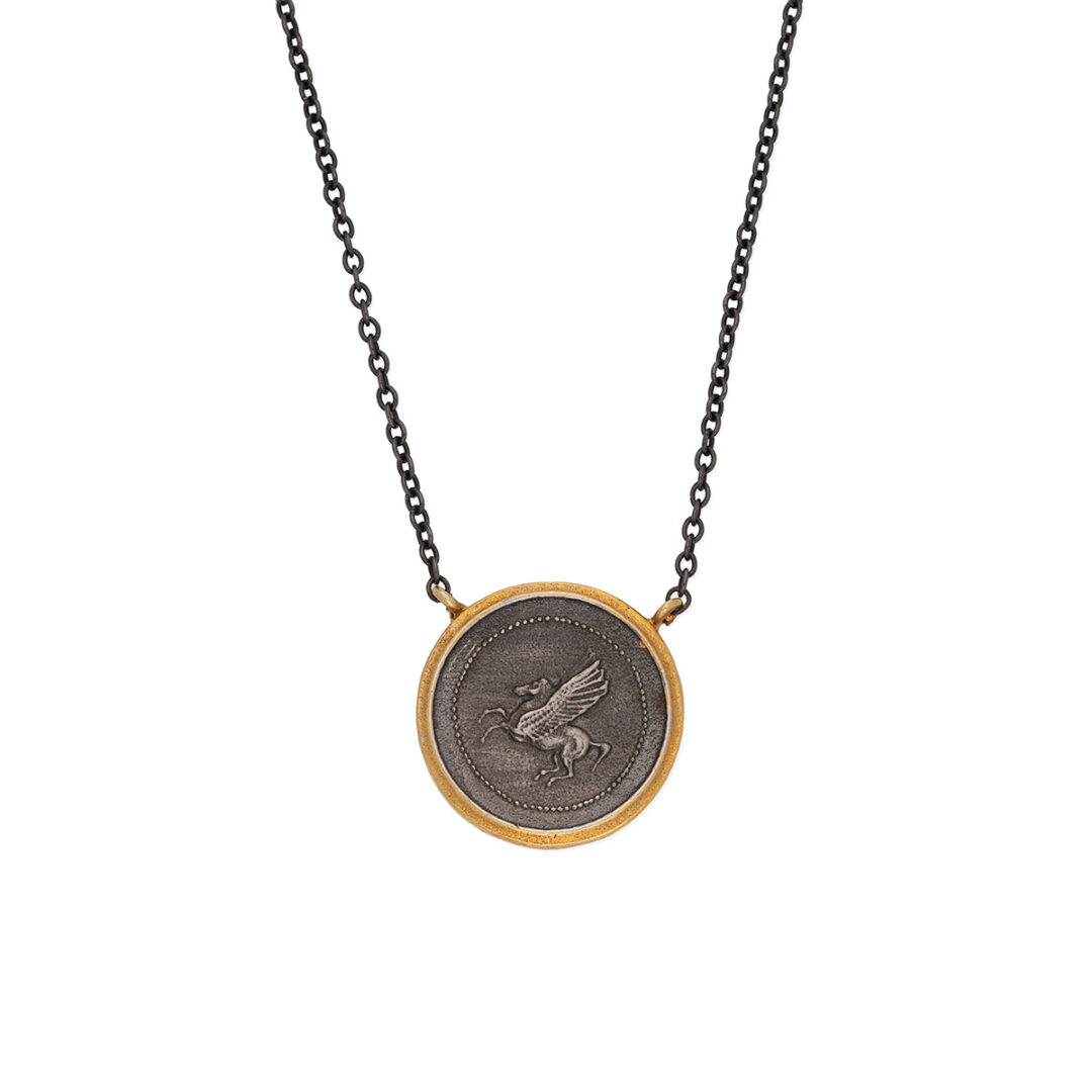 32072 Sterling Silver Chain Necklace with The Pegasus on a Coin Pendant - Image 1