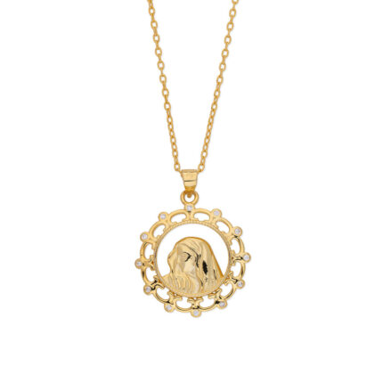 Gold Plated Virgin Mary Pendant Necklace with Zircon Stones