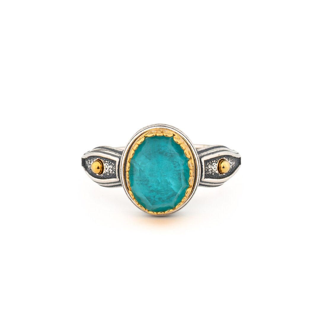LA-DA-D9932 925 Sterling Silver Byzantine Ring with Doublet Amazonite Gemstone