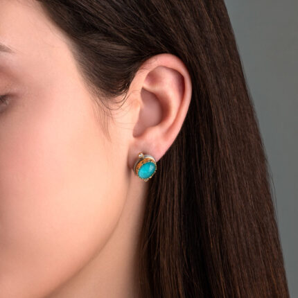 Oval Doublet Amazonite Stud Earrings with Zircon – 925 Sterling Silver