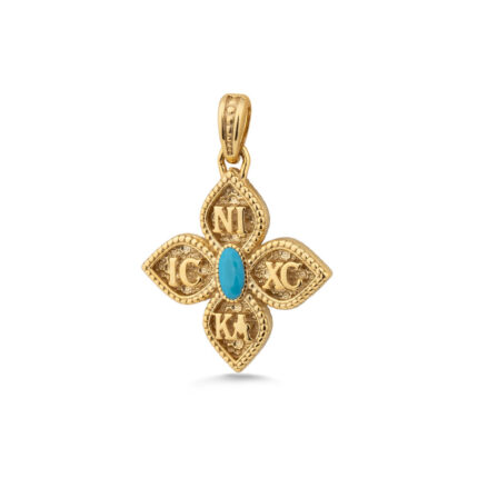9K Gold IC XC NIKA Orthodox Cross Pendant with Turquoise