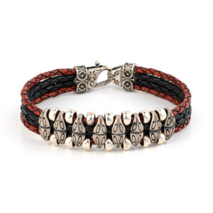Sterling silver bracelet with motif washers and quadruple leather