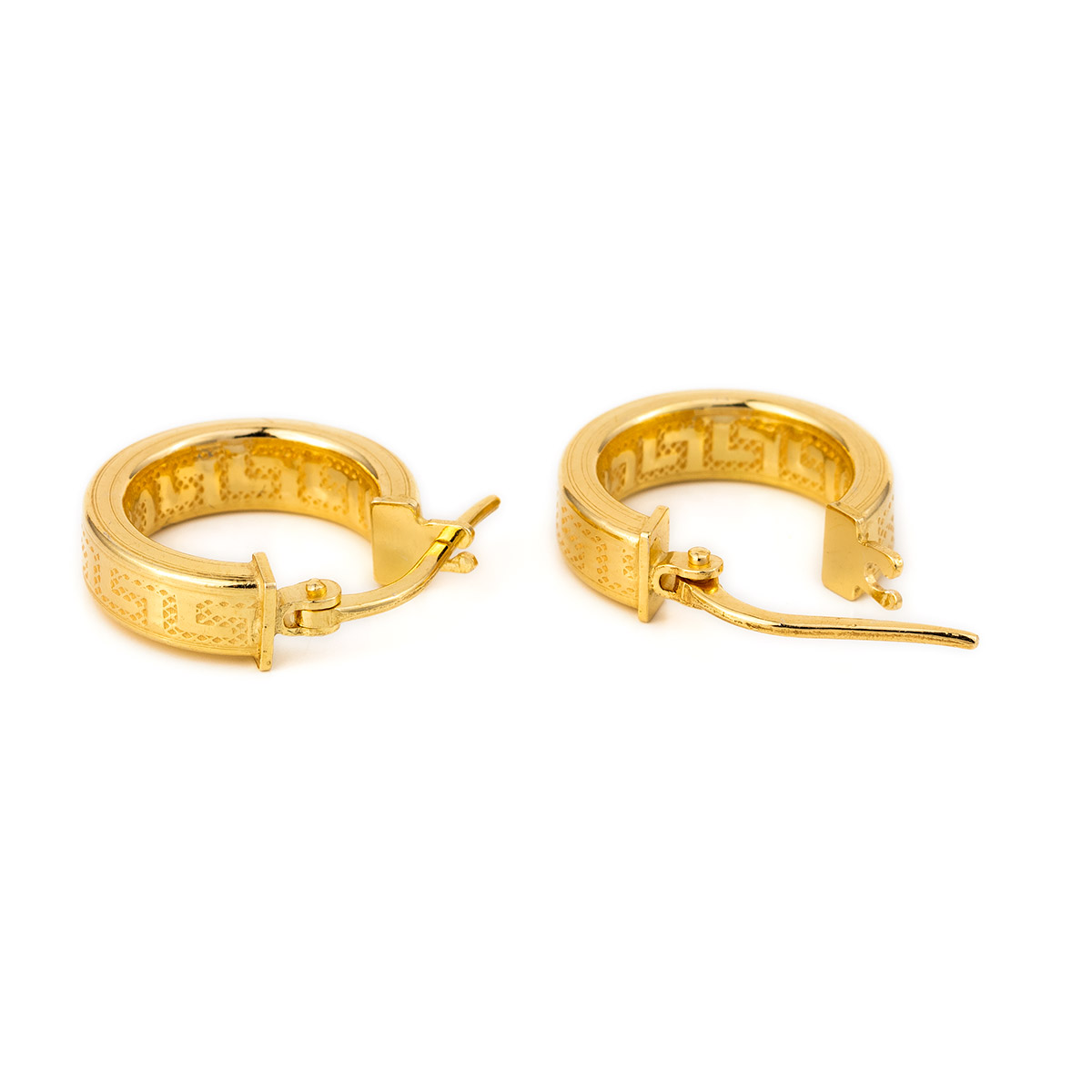 NEW VERY SMALL GREEK KEY ROUND HOOP EARRINGS GOLD STAINLESS STEEL LEVER  BACK